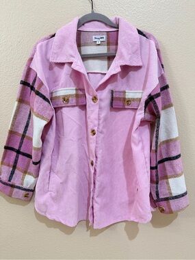 Prissy Jane Pink Corduroy Patchwork Plaid Flannel Shacket Jacket Size S Small